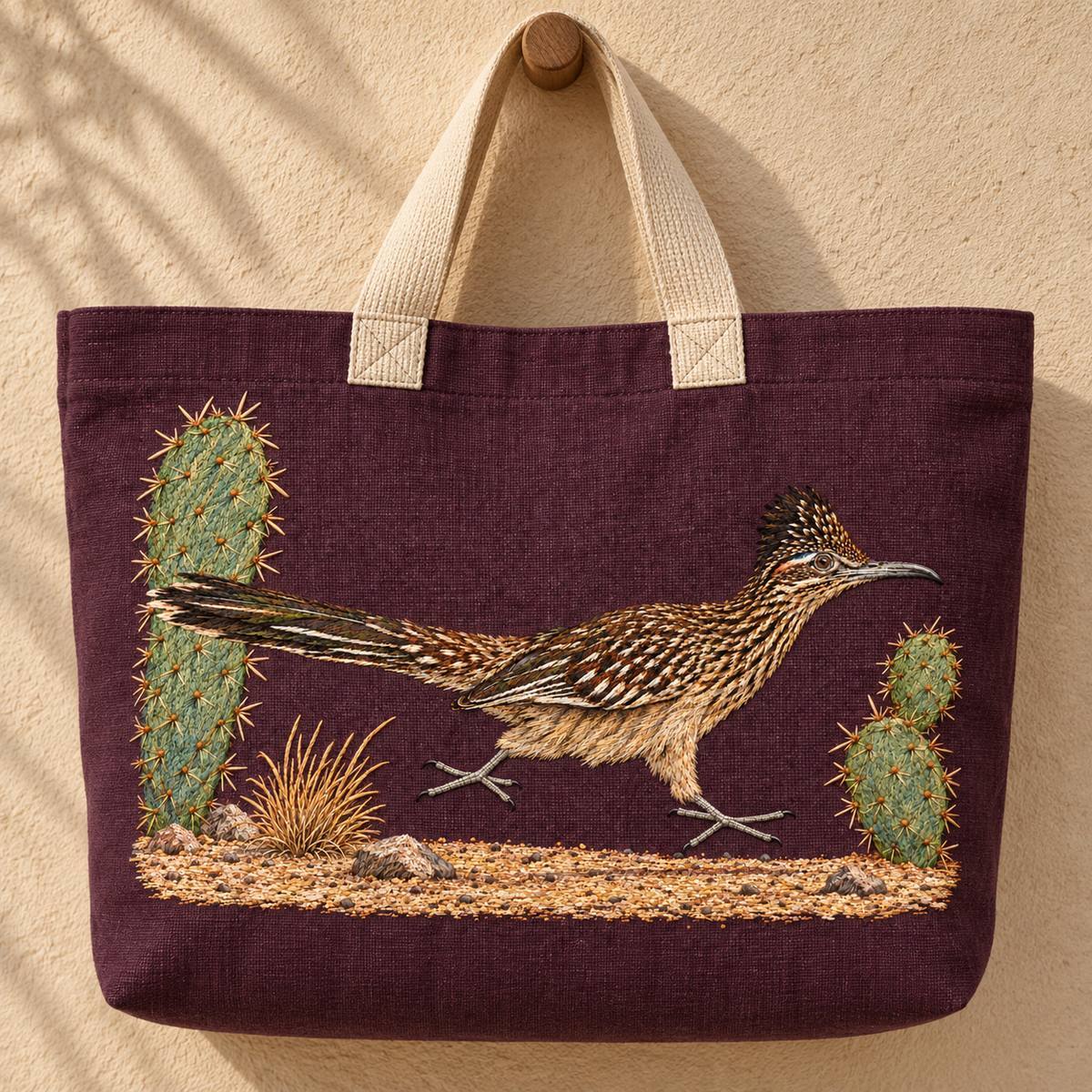 Roadrunner embroidery design in a digital mockup of Wide aubergine canvas tote with short undyed webbing handles. Full landscape design on flat front, hung from a peg against sandy wall. Placement inspiration for Study 47.