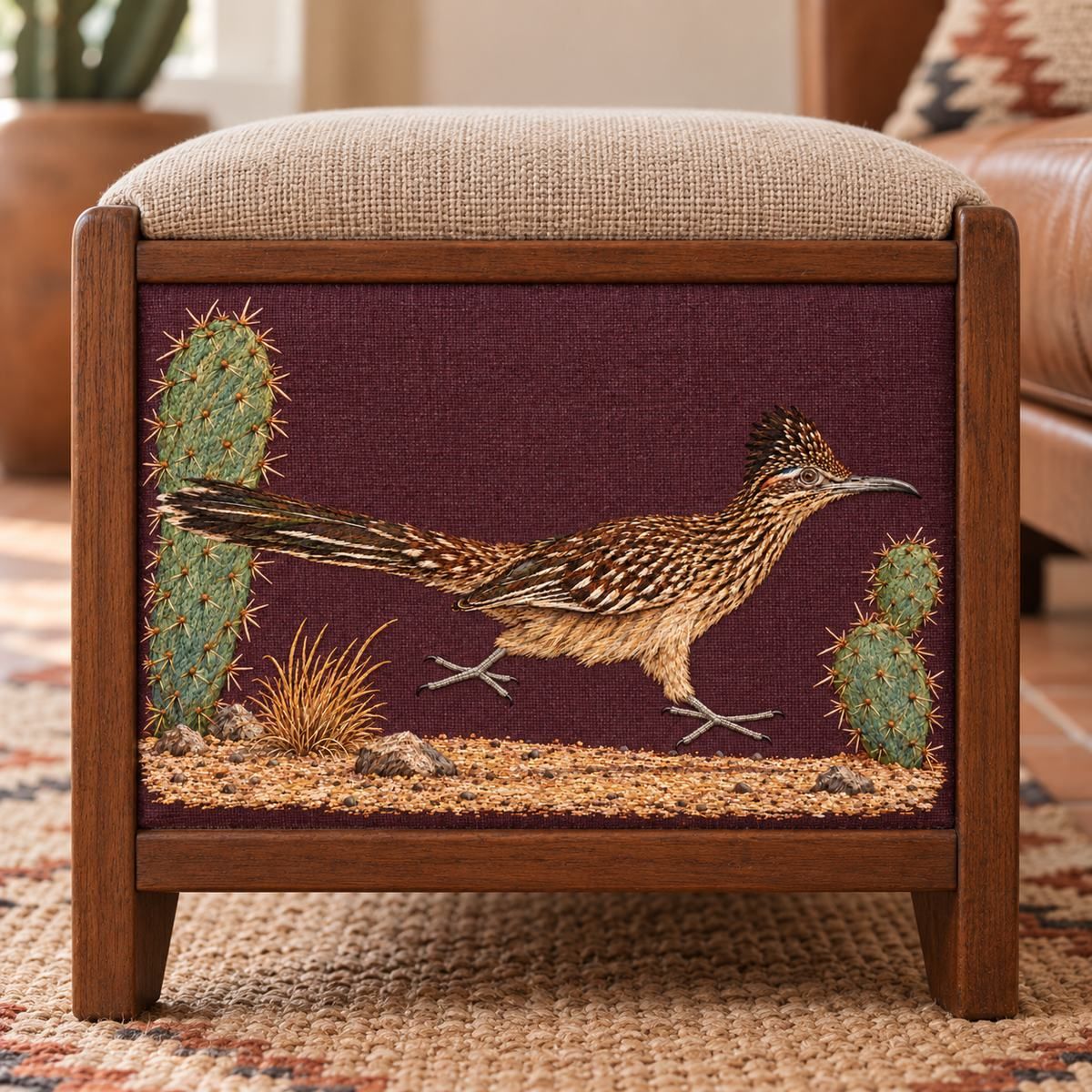 Roadrunner embroidery design in a digital mockup of A small upholstered wooden bench end-panel , landscape design upright on vertical end face. Bench viewed close from end, minimal southwest living room. Placement inspiration for Study 47.