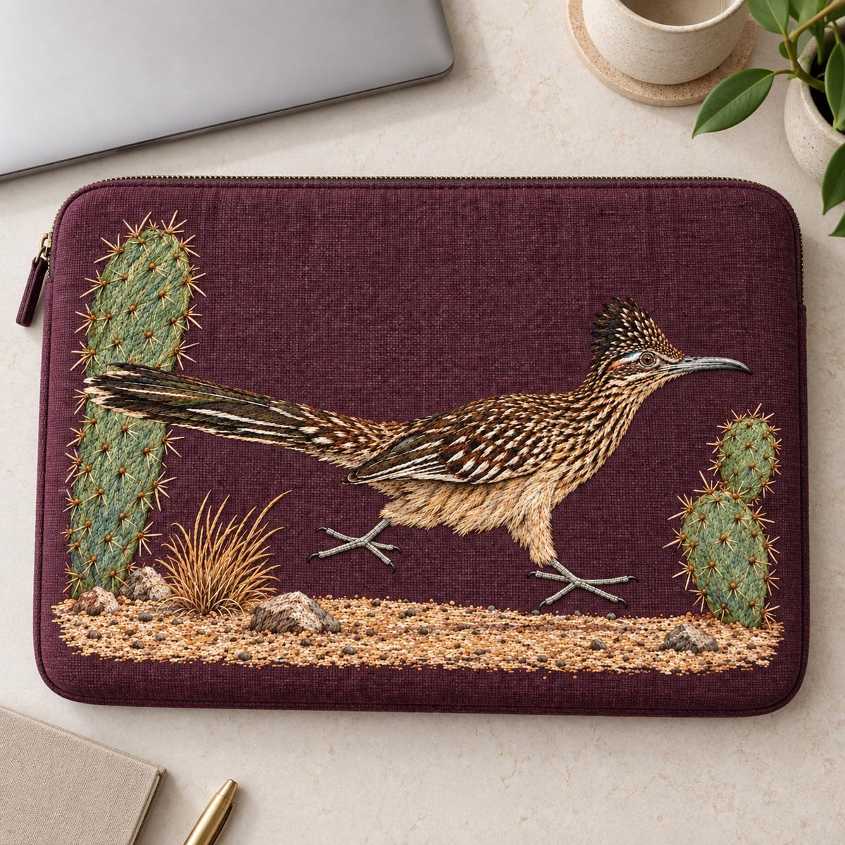 Roadrunner embroidery design in a digital mockup of Wide linen laptop sleeve lying flat on a pale desk, near-overhead view, complete landscape motif horizontally oriented with top edge away from camera. Laptop closed aside. Placement inspiration for Study 47.