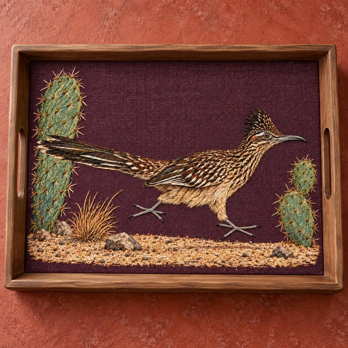 Roadrunner embroidery design in a digital mockup of Landscape embroidered tray base inside a shallow wood tray , protected flat textile, empty tray viewed straight overhead, desert-red table. Placement inspiration for Study 47.
