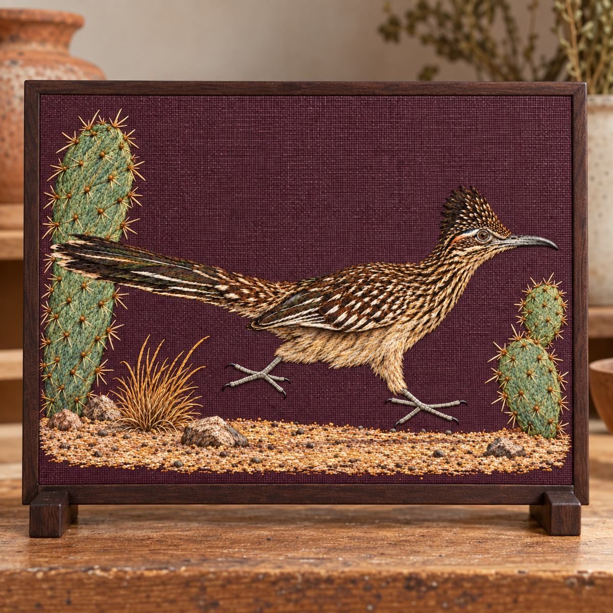 Roadrunner embroidery design in a digital mockup of Freestanding horizontal tabletop textile display with slim dark-wood feet and no enclosing glass. Entire landscape motif on front, ceramic workshop shelf. Placement inspiration for Study 47.