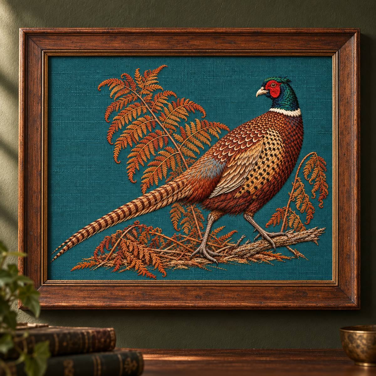 Pheasant embroidery design shown in a digital mockup of Antique warm walnut horizontal frame holding mineral-teal embroidery on a dark olive library wall. Tight composition, soft window light. Study 48.