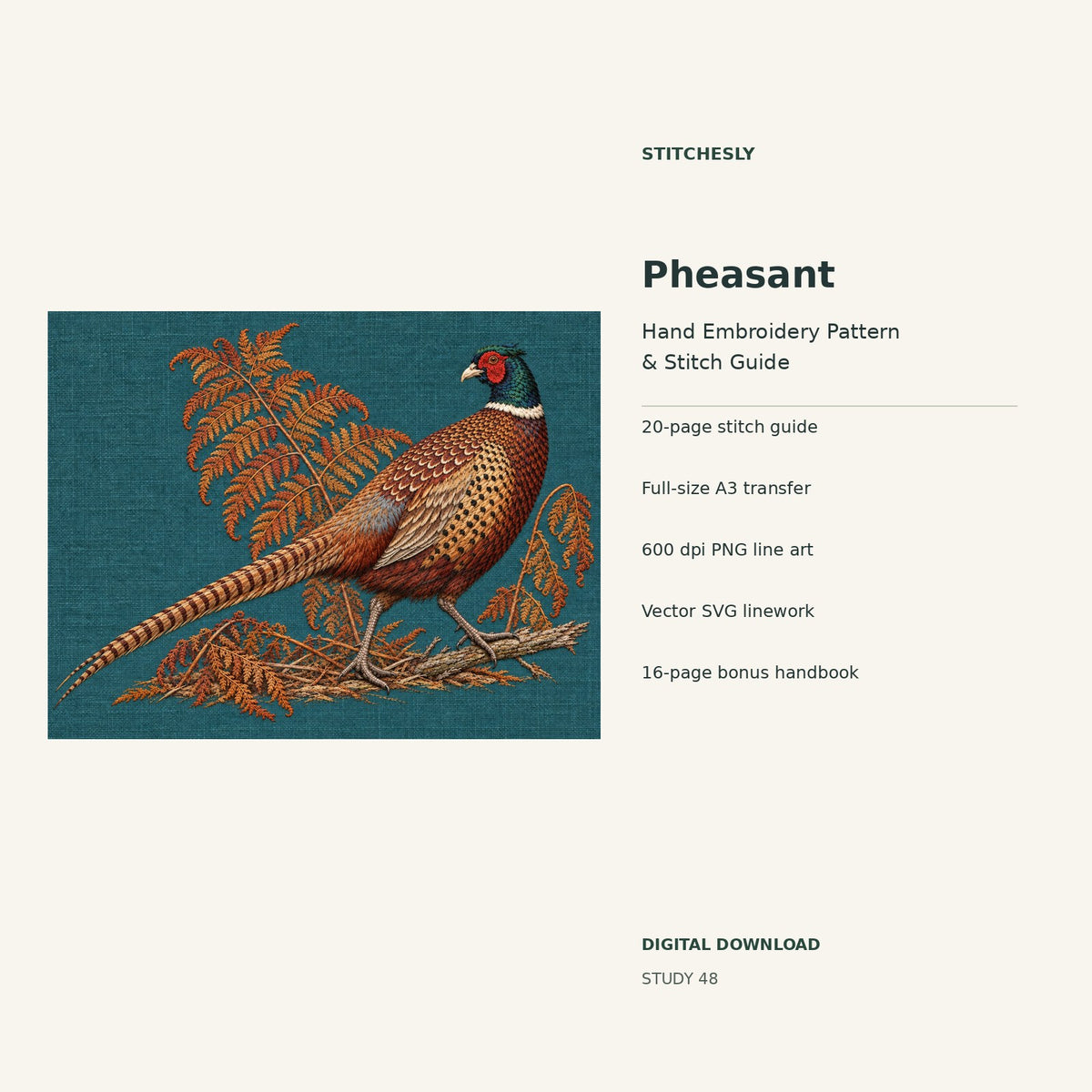 Pheasant hand embroidery digital package cover showing the reference artwork and included guide, transfer, PNG, SVG and bonus handbook.