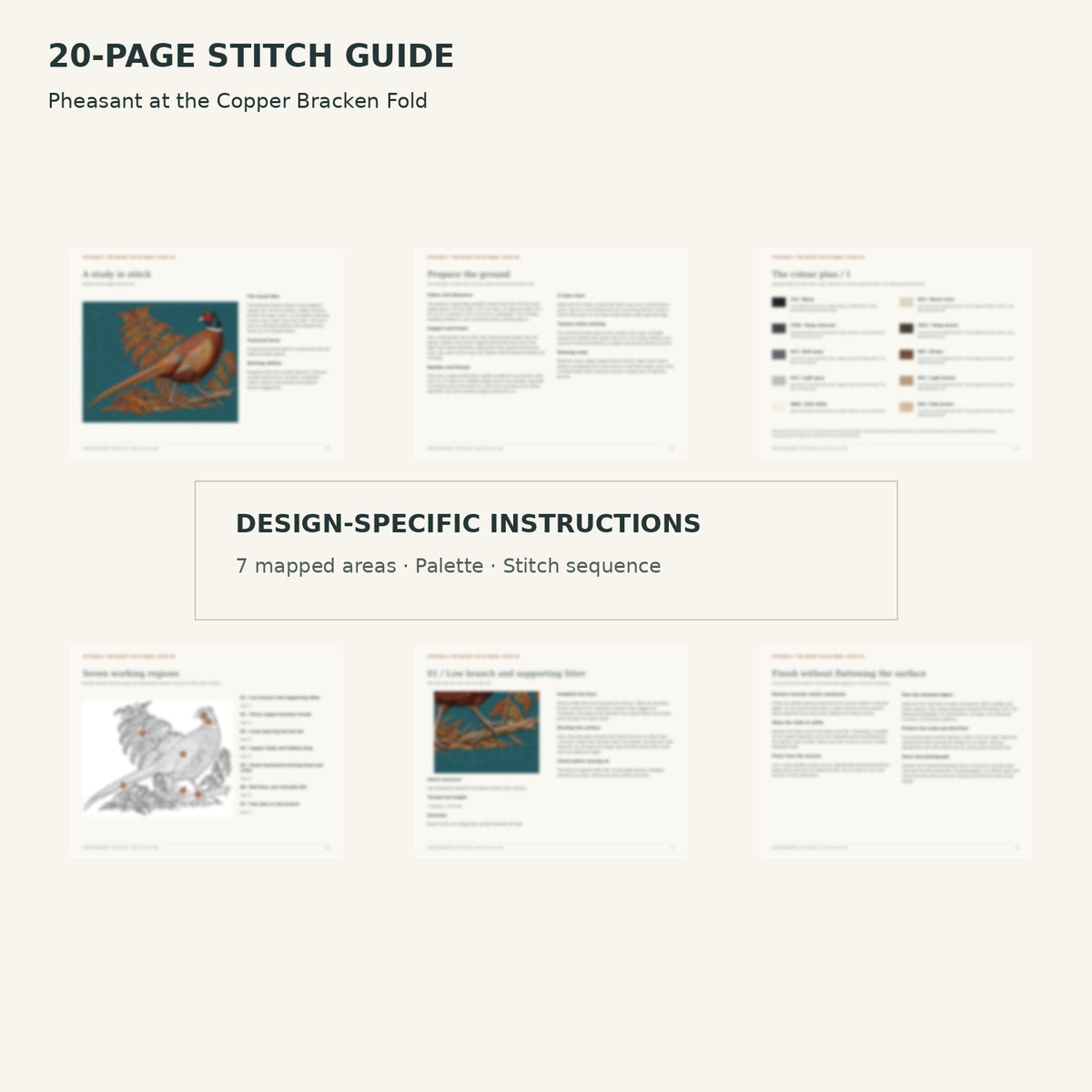 Protected page overview of the 20-page Pheasant stitch guide, including its numbered map, suggested palette and working sequence.