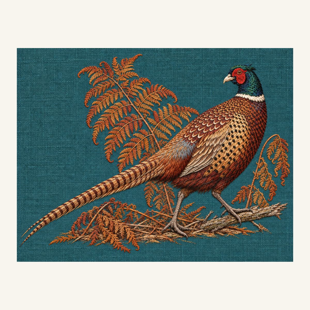 Digital embroidery reference showing a pheasant looking back over bracken on deep washed mineral-teal linen, landscape composition.