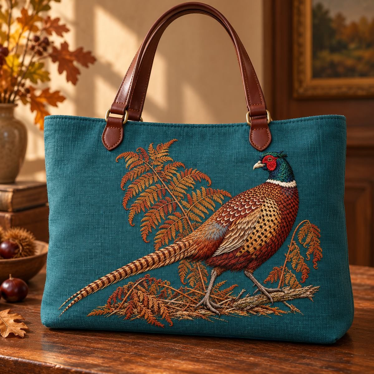 Pheasant embroidery design in a digital mockup of Wide mineral-teal linen shoulder bag with mahogany handles and flat landscape motif . Resting on a chestnut table, autumn light. Placement inspiration for Study 48.