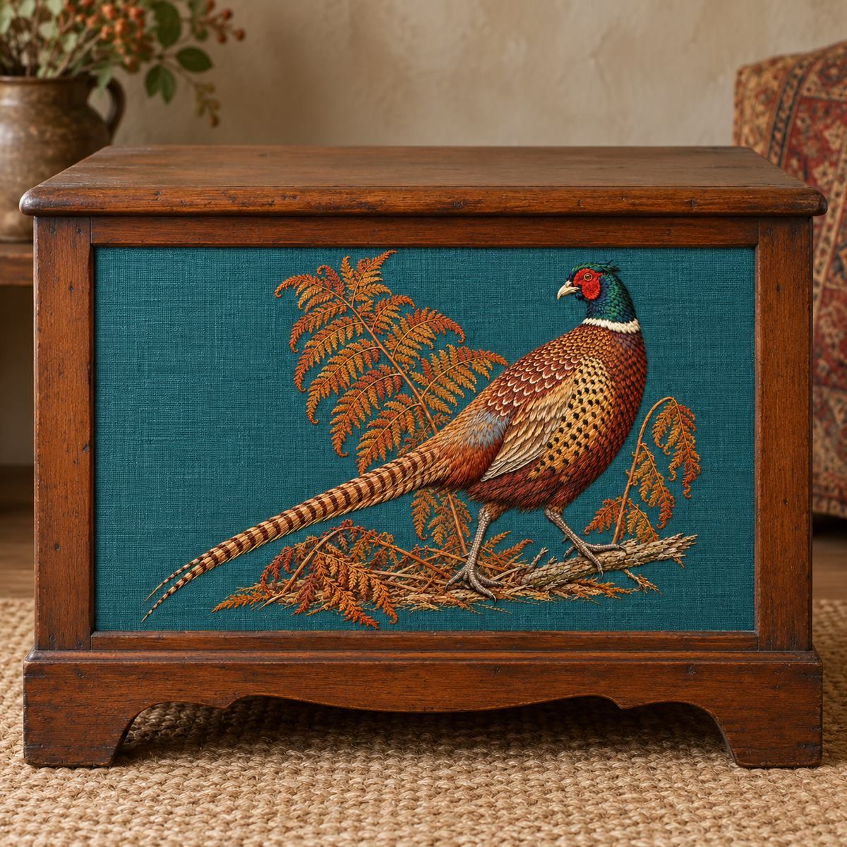 Pheasant embroidery design in a digital mockup of Horizontal embroidered upholstery panel on a small wooden blanket chest front. Full landscape motif and tail, chest wide and high, not giant furniture. Placement inspiration for Study 48.