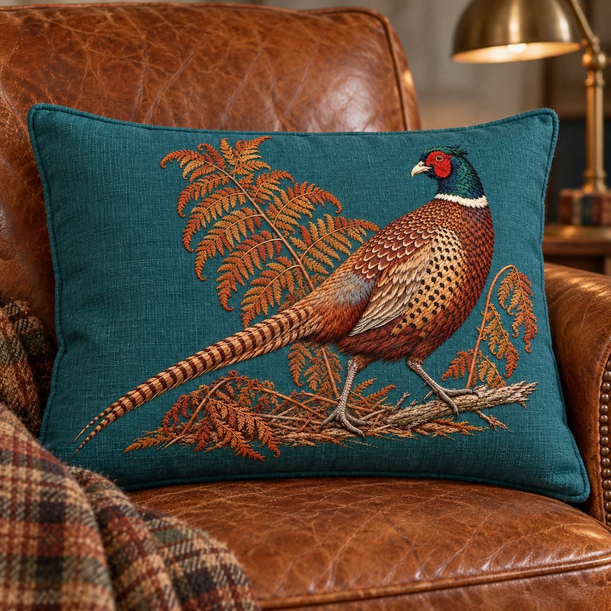Pheasant embroidery design in a digital mockup of Mineral-teal lumbar cushion on an aged cognac leather armchair, full landscape motif with seam margin. Brass reading lamp blurred aside. Placement inspiration for Study 48.