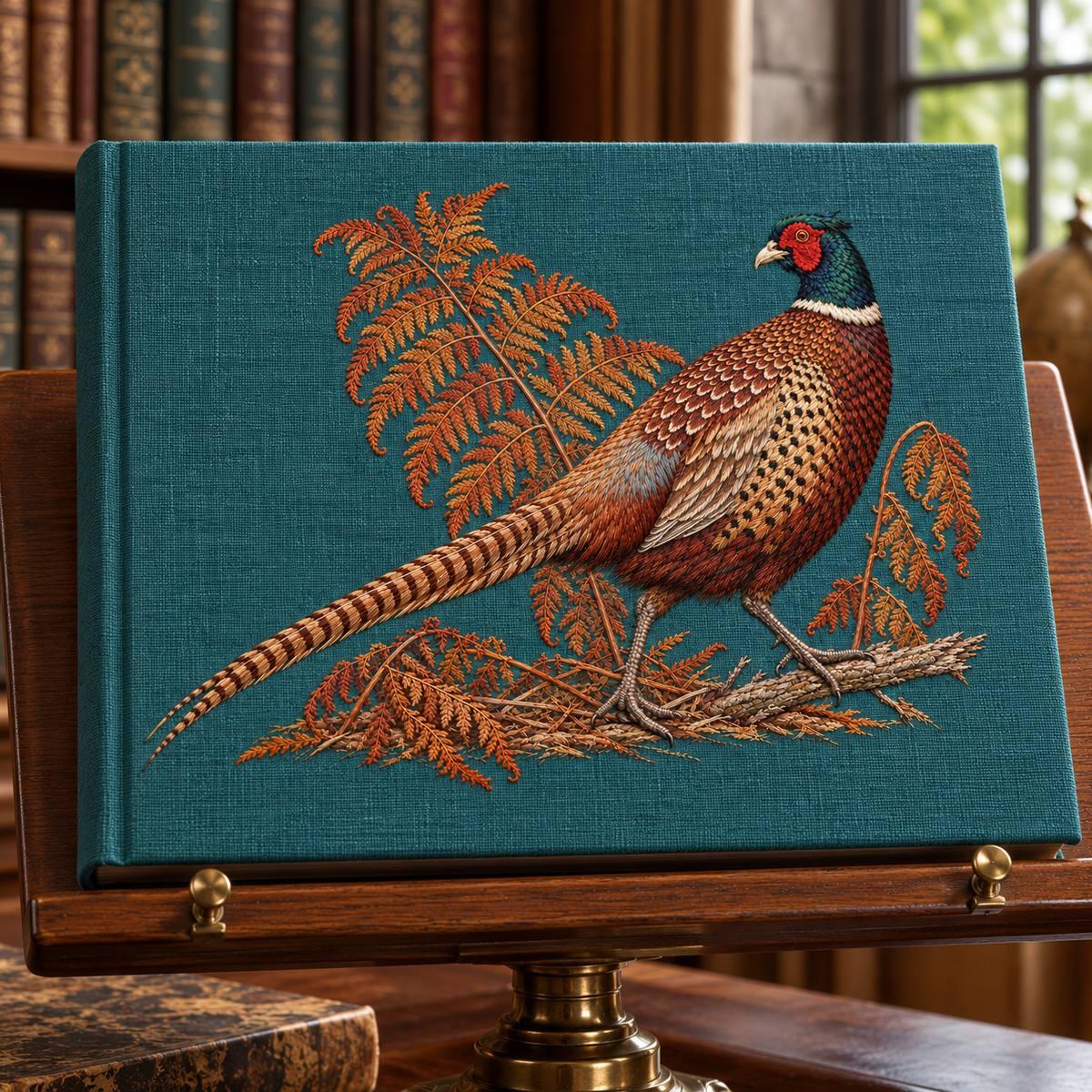 Pheasant embroidery design in a digital mockup of Wide linen-covered botanical album displayed closed on a library lectern, landscape cover facing viewer, no lettering. Full tail inside cover. Placement inspiration for Study 48.
