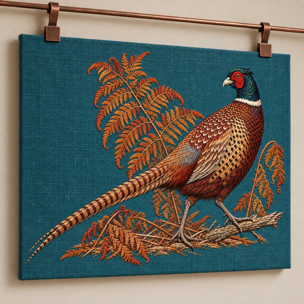 Pheasant embroidery design in a digital mockup of Embroidered landscape panel suspended from dark copper clips on a gallery rail. Pale mushroom wall, three-quarter view shallow enough to preserve proportions. Placement inspiration for Study 48.