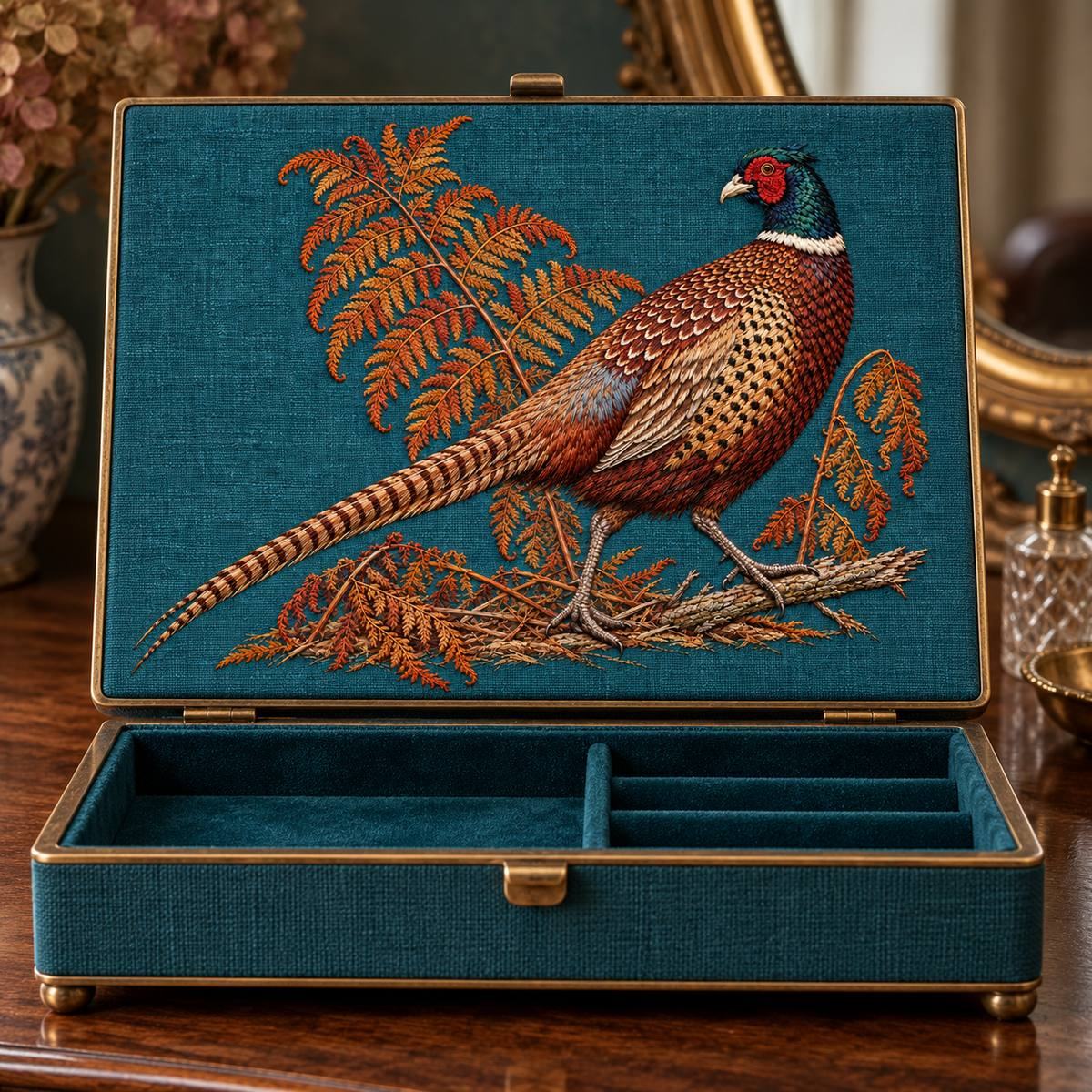 Pheasant embroidery design in a digital mockup of Low rectangular dressing-table box 36 x with embroidered lid propped open towards camera. Entire landscape motif, dark teal linen and aged brass. Placement inspiration for Study 48.