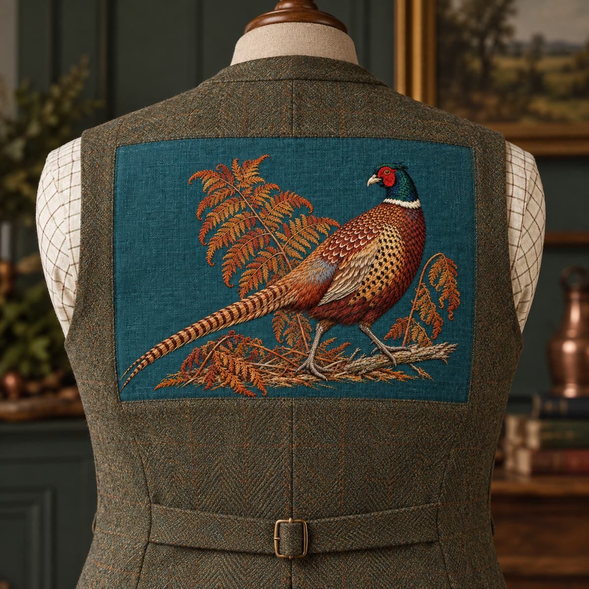 Pheasant embroidery design in a digital mockup of Horizontal decorative linen insert centered on the back of a tailored country waistcoat on torso mannequin. Full motif upright across back, generous plain fabric surrounds. Placement inspiration for Study 48.
