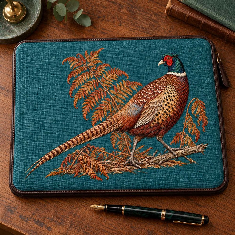 Pheasant embroidery design in a digital mockup of Mineral-teal padded stationery folio with narrow leather trim, closed landscape on a desk, near-overhead view. Whole motif, fountain pen beside. Placement inspiration for Study 48.