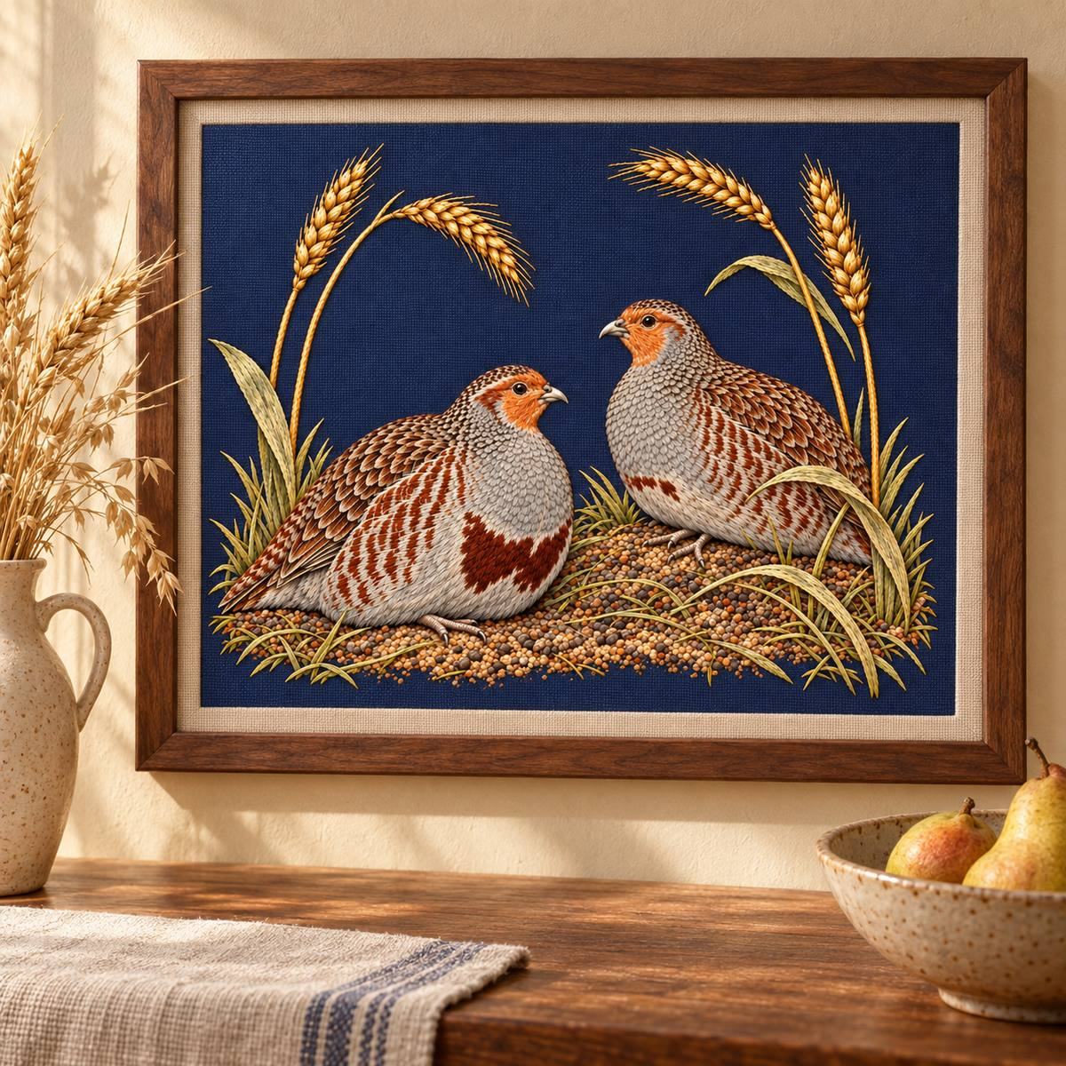 Partridge Pair embroidery design shown in a digital mockup of A shallow walnut-framed textile on a wheat-coloured dining-room wall, soft side light, field30x23. Study 49.