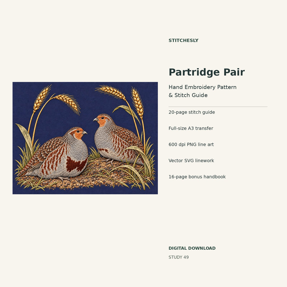 Partridge Pair hand embroidery digital package cover showing the reference artwork and included guide, transfer, PNG, SVG and bonus handbook.