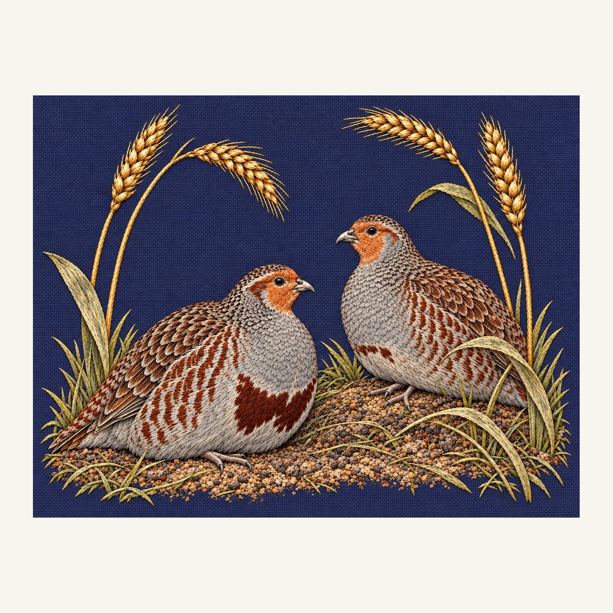 Digital embroidery reference showing a partridge pair beneath a wheat arch on deep smoky plum-blue linen, landscape composition.