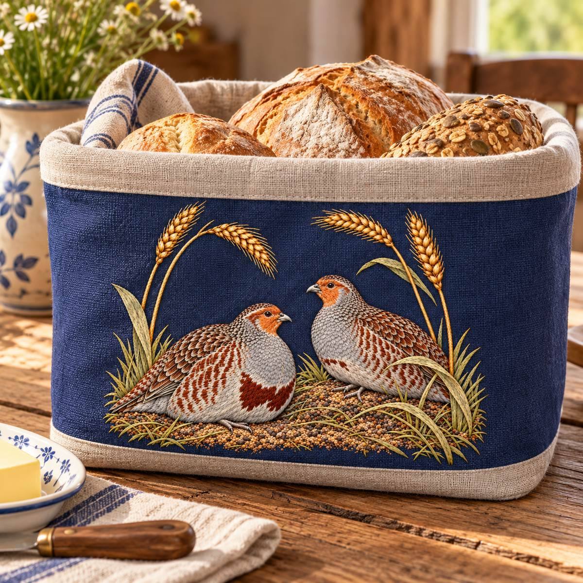 Partridge Pair embroidery design in a digital mockup of A broad linen bread-basket exterior front panel, no bread blocking motif, rustic breakfast setting. Placement inspiration for Study 49.