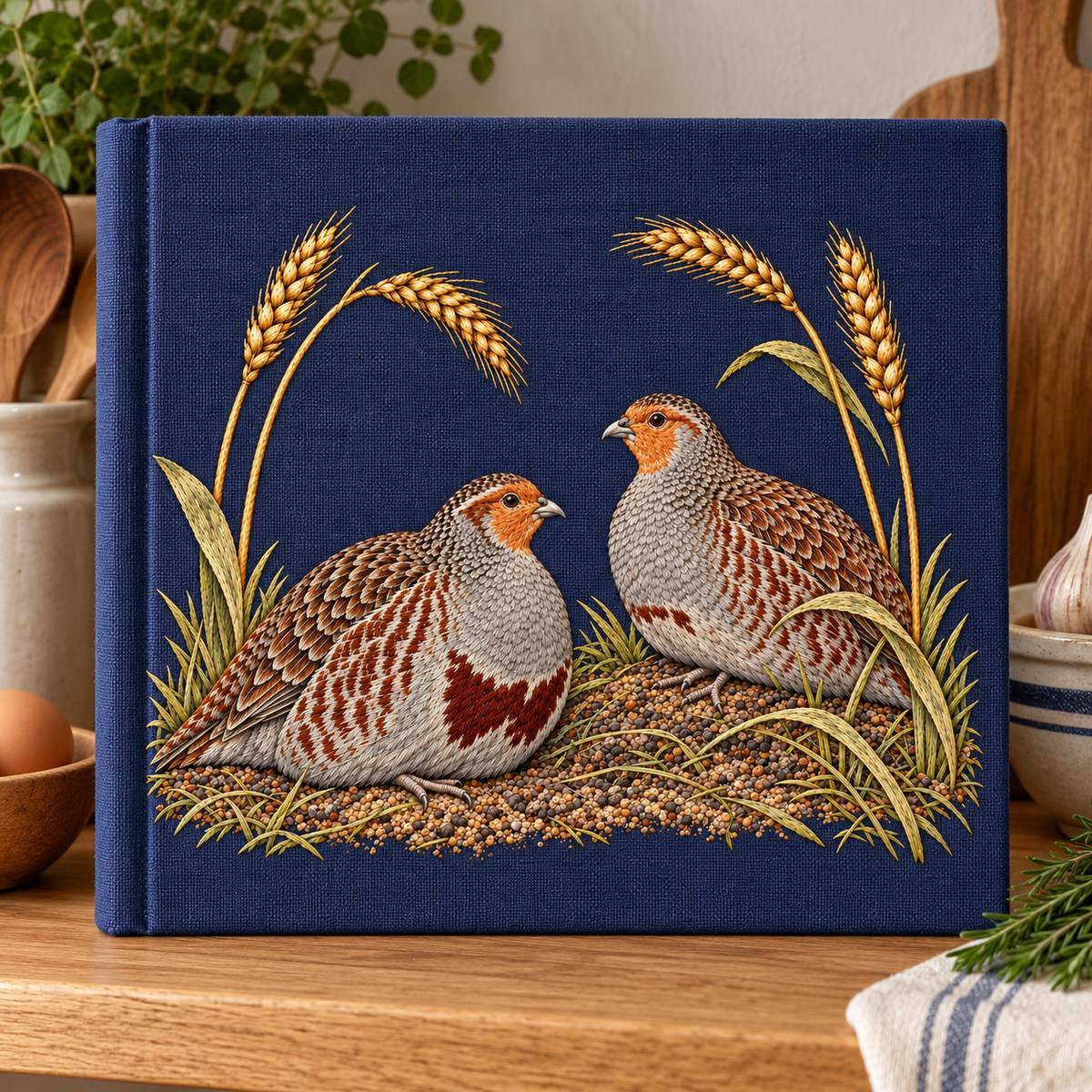 Partridge Pair embroidery design in a digital mockup of The flat front of a handmade harvest recipe binder, propped upright on oak kitchen shelf, spineleft. Placement inspiration for Study 49.