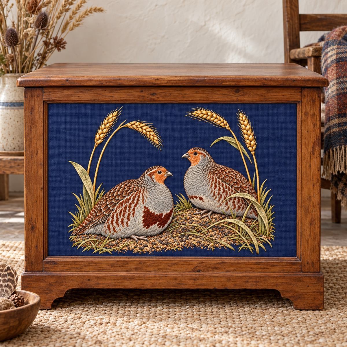 Partridge Pair embroidery design in a digital mockup of A landscape embroidered inset on a small elm blanket chest front, straight-on. Placement inspiration for Study 49.