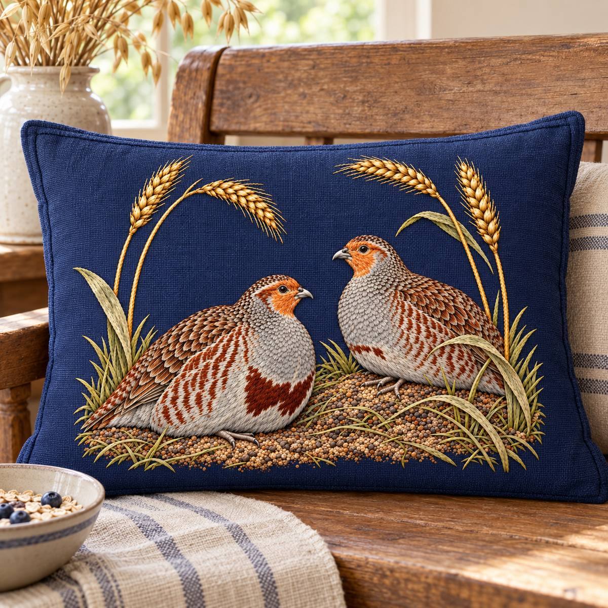 Partridge Pair embroidery design in a digital mockup of A rectangular oat-linen breakfast bench cushion, bird panel centered with narrow plain border. Placement inspiration for Study 49.