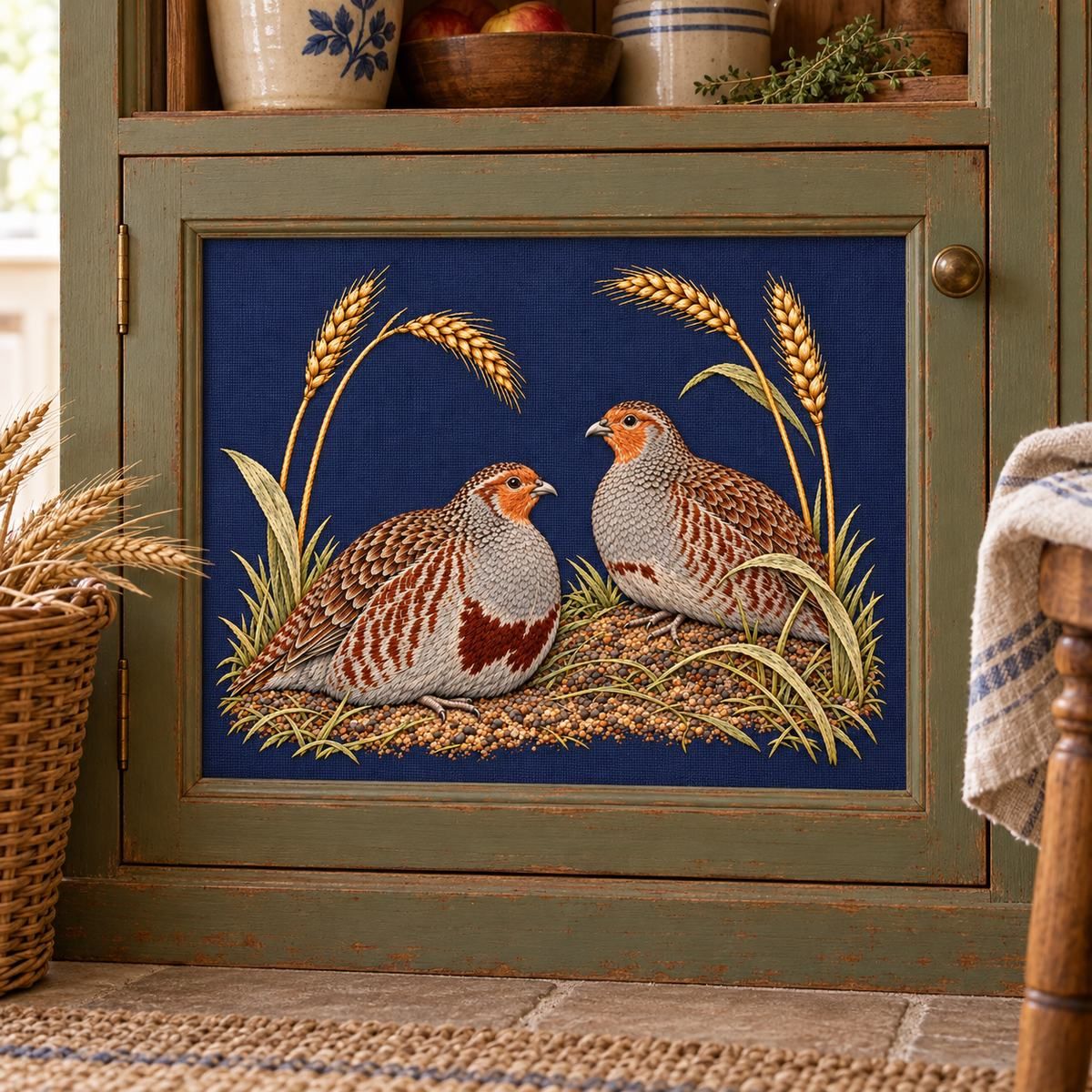 Partridge Pair embroidery design in a digital mockup of A framed embroidered cupboard inset on the lower door of a country pantry, full motif unobstructed. Placement inspiration for Study 49.