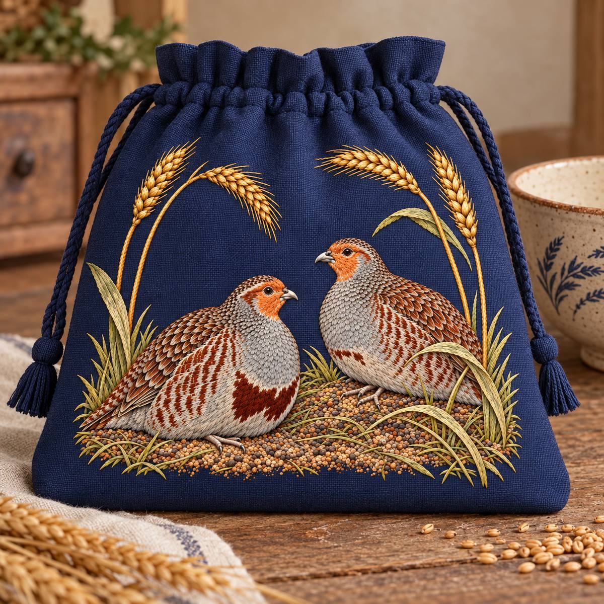 Partridge Pair embroidery design in a digital mockup of A broad hand-sewn market pouch resting upright beside an empty ceramic grain bowl. Placement inspiration for Study 49.