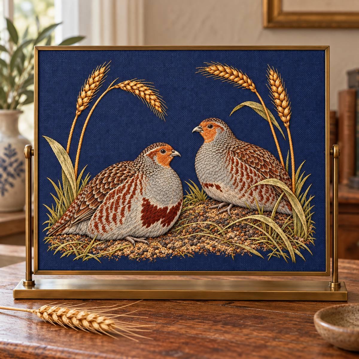 Partridge Pair embroidery design in a digital mockup of A textile landscape panel on a brass desk stand beside a single dried wheat ear. Placement inspiration for Study 49.