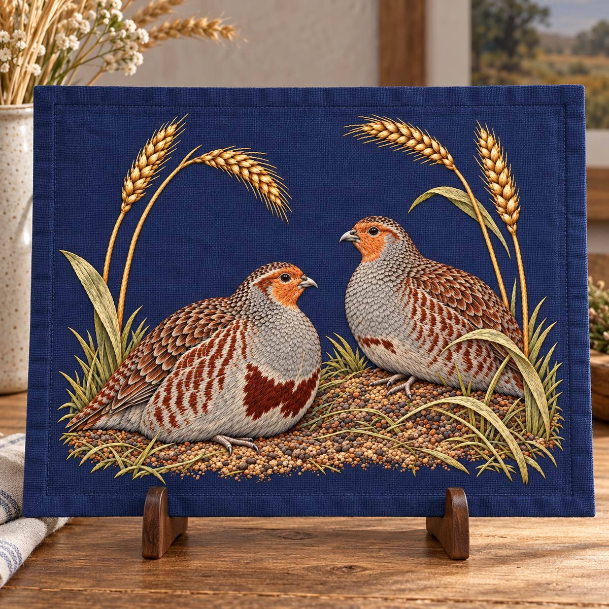 Partridge Pair embroidery design in a digital mockup of A rectangular linen placemat displayed vertically on a small tabletop stand, no tableware covering art. Placement inspiration for Study 49.