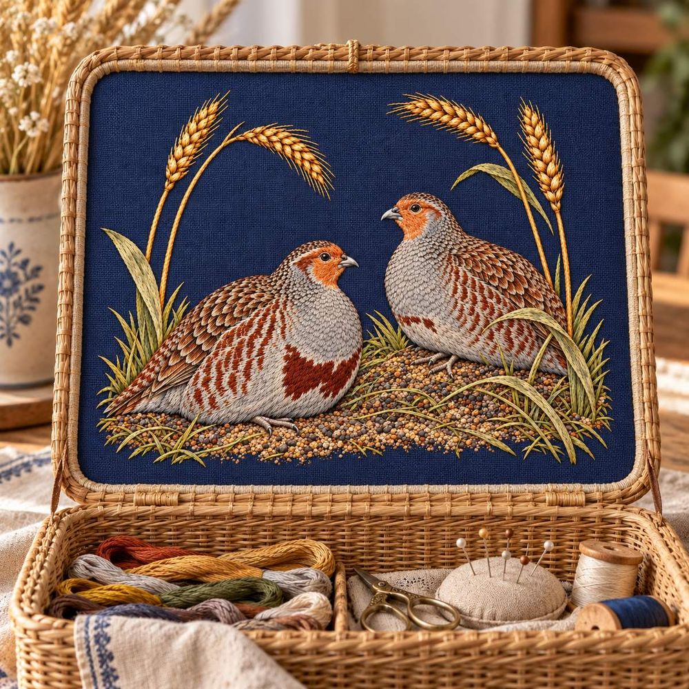 Partridge Pair embroidery design in a digital mockup of An open sewing basket with motif on its inner lid, shallow natural rattan base, birdsupright. Placement inspiration for Study 49.