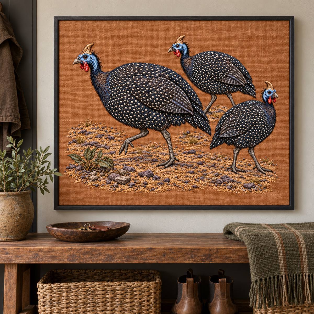 Guineafowl Trio embroidery design shown in a digital mockup of A copper-brown textile panel mounted above a mudroom shoe bench in narrow charcoalframe. Study 50.