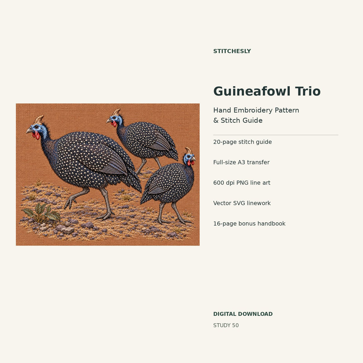 Guineafowl Trio hand embroidery digital package cover showing the reference artwork and included guide, transfer, PNG, SVG and bonus handbook.