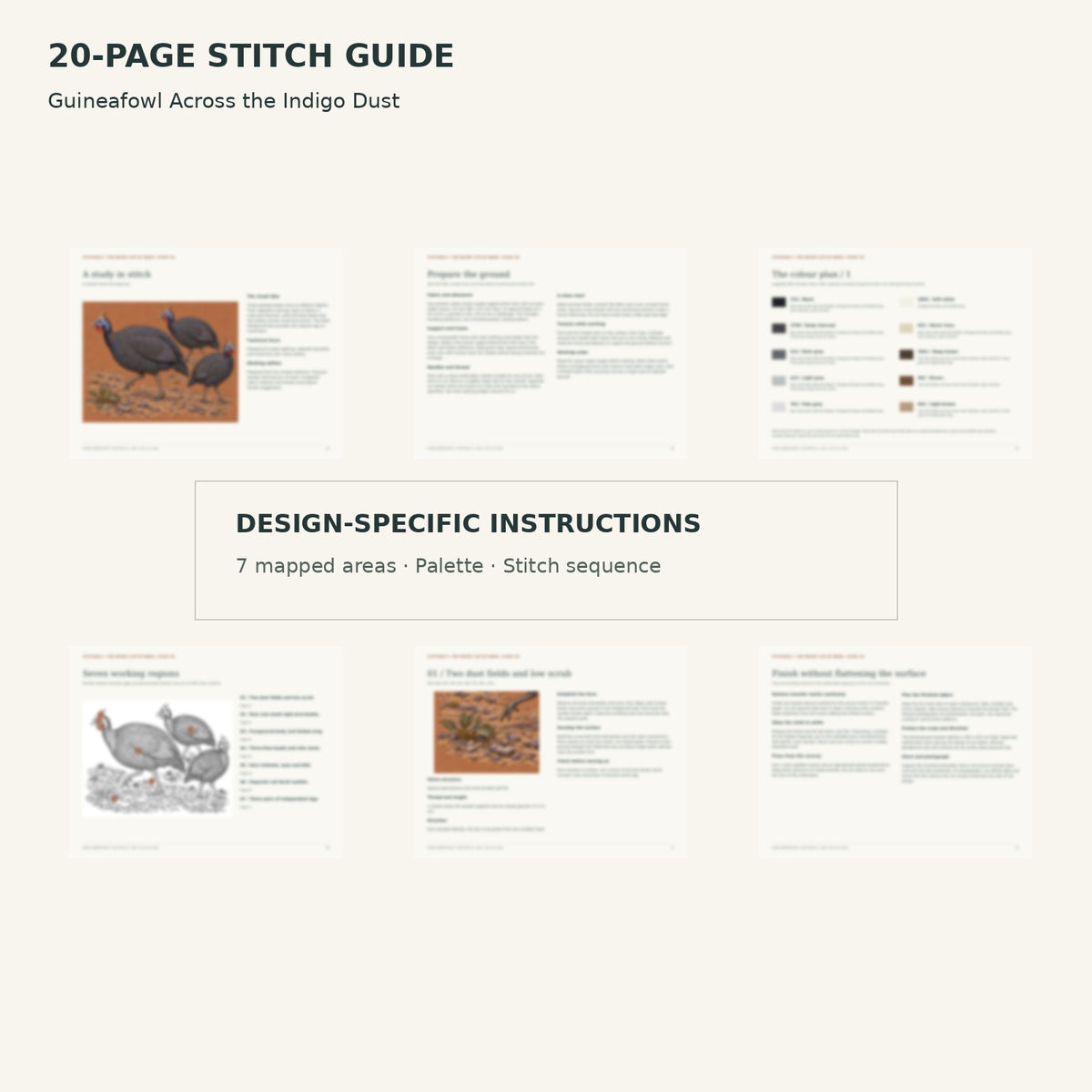 Protected page overview of the 20-page Guineafowl Trio stitch guide, including its numbered map, suggested palette and working sequence.