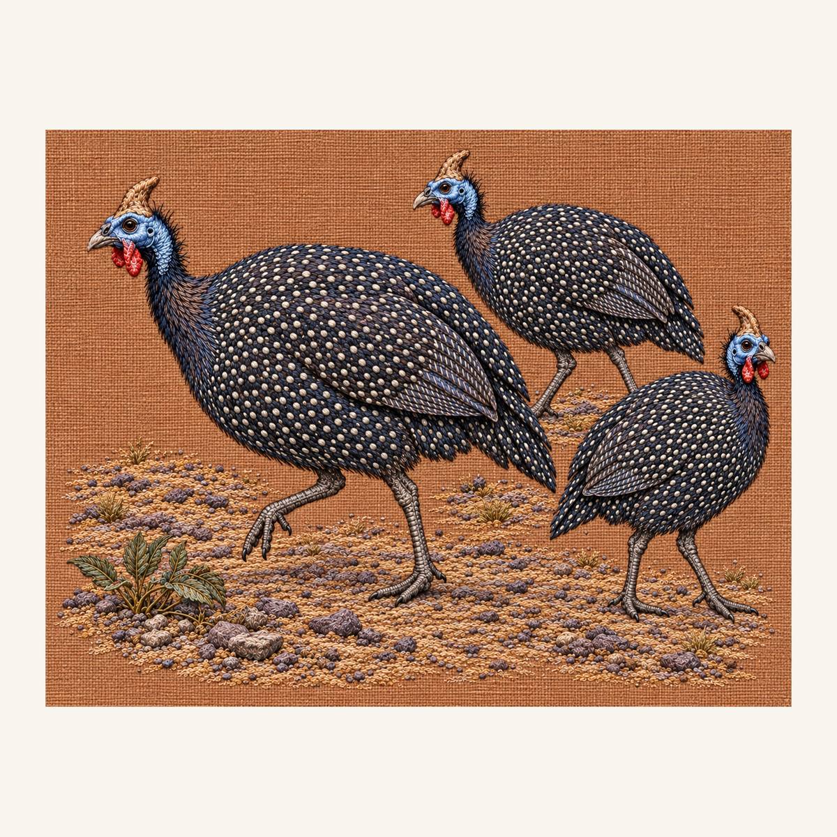 Digital embroidery reference showing three spotted guineafowl in a dust field on smoky muted copper-brown linen, landscape composition.