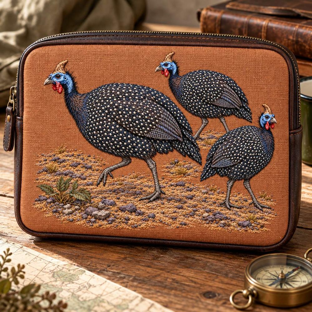 Guineafowl Trio embroidery design in a digital mockup of A dark leather-trimmed rectangular field-notes case on a traveller's desk, copper linenfront. Placement inspiration for Study 50.