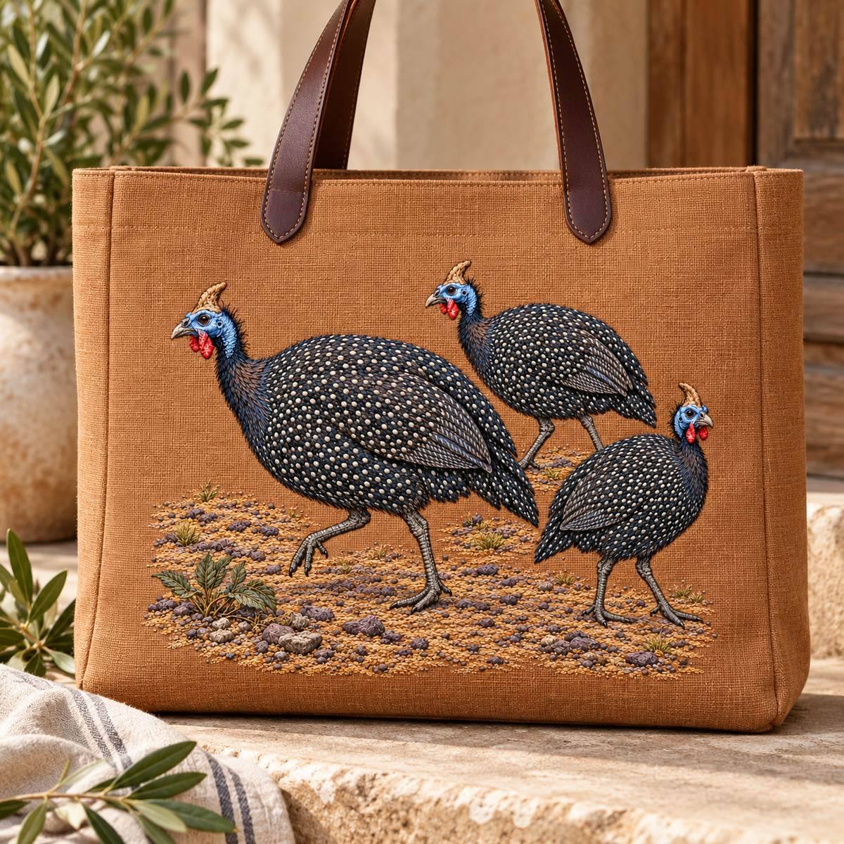 Guineafowl Trio embroidery design in a digital mockup of A wide canvas utility tote with full embroideryonfront, leather handlesoutofdesign. Placement inspiration for Study 50.