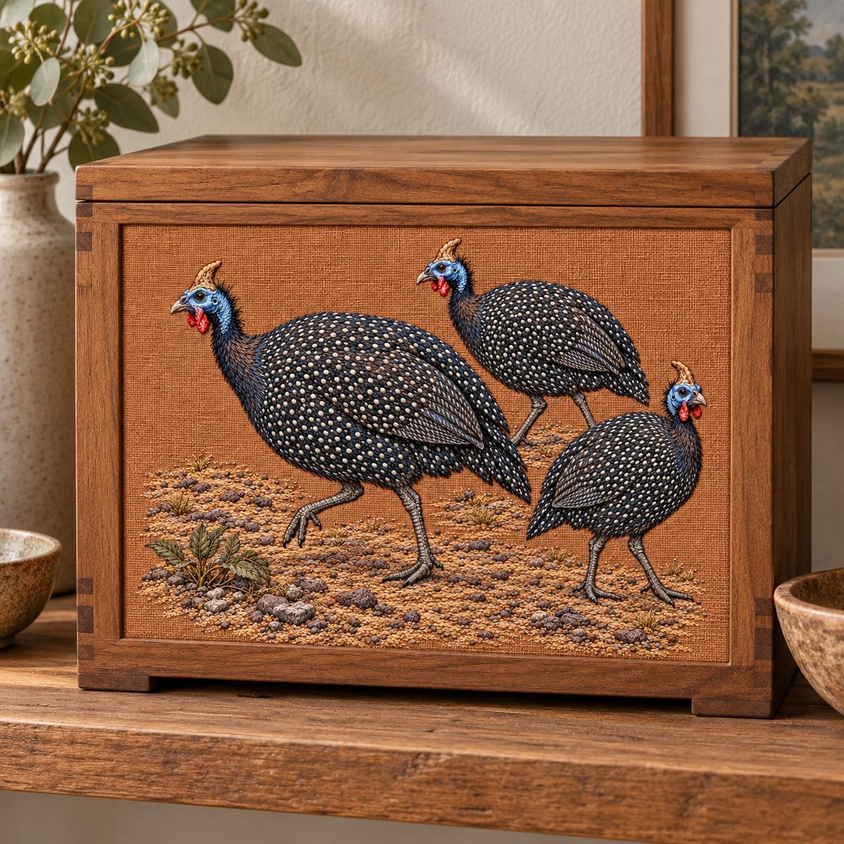 Guineafowl Trio embroidery design in a digital mockup of A compact wood storage box with upright embroidered landscape inset on itsfront, galleryshelf. Placement inspiration for Study 50.
