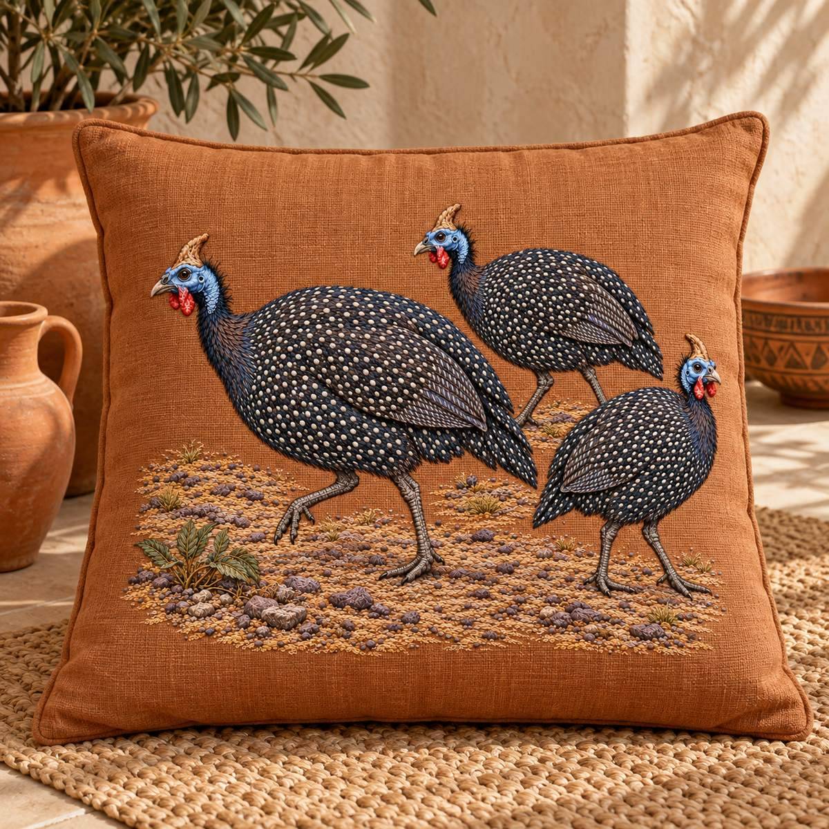 Guineafowl Trio embroidery design in a digital mockup of A broad floor cushion beside terracotta ceramics, motif upright as seenfromfront. Placement inspiration for Study 50.