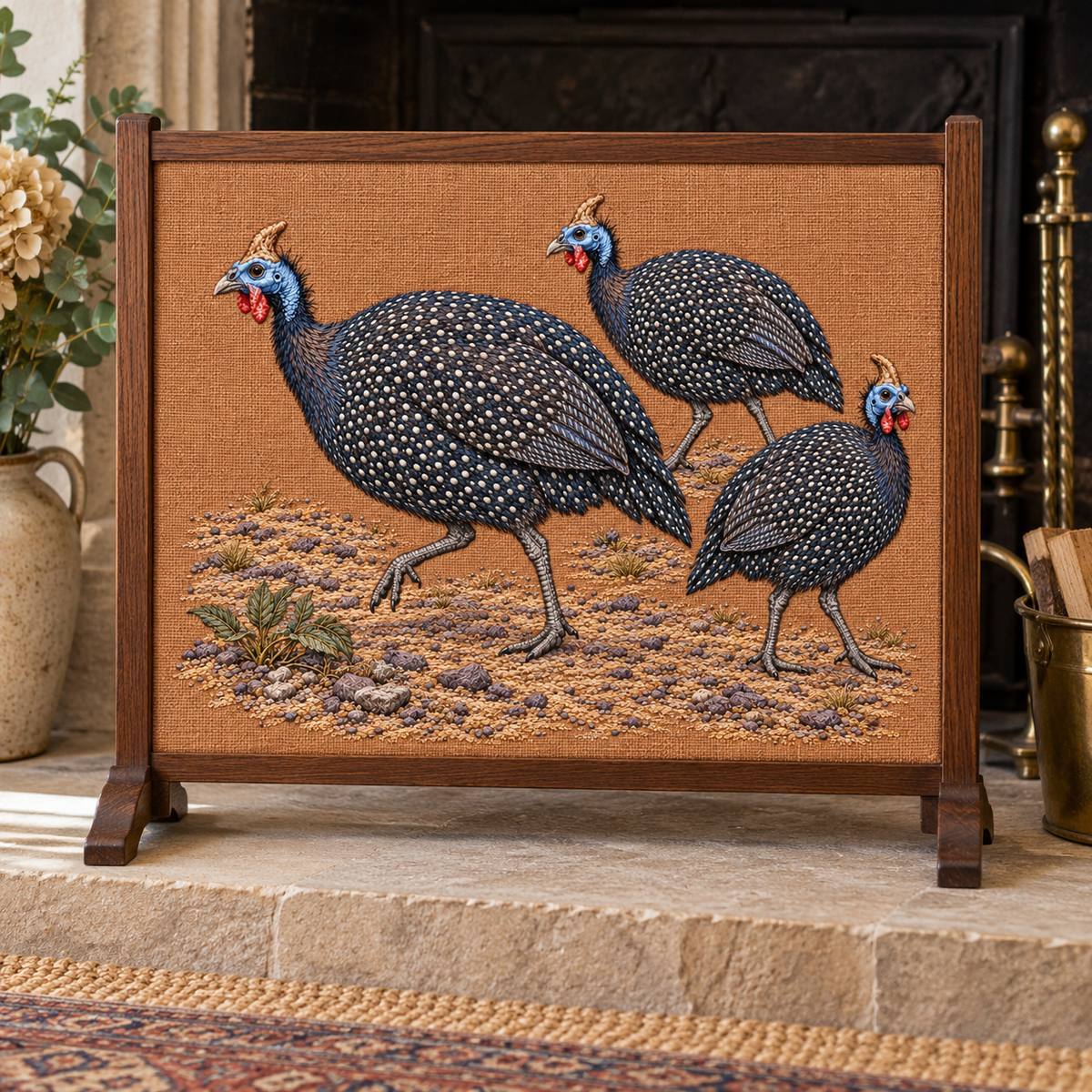 Guineafowl Trio embroidery design in a digital mockup of A freestanding rectangular textile firescreen miniature on a hearth ledge, safe unlitfireplace. Placement inspiration for Study 50.