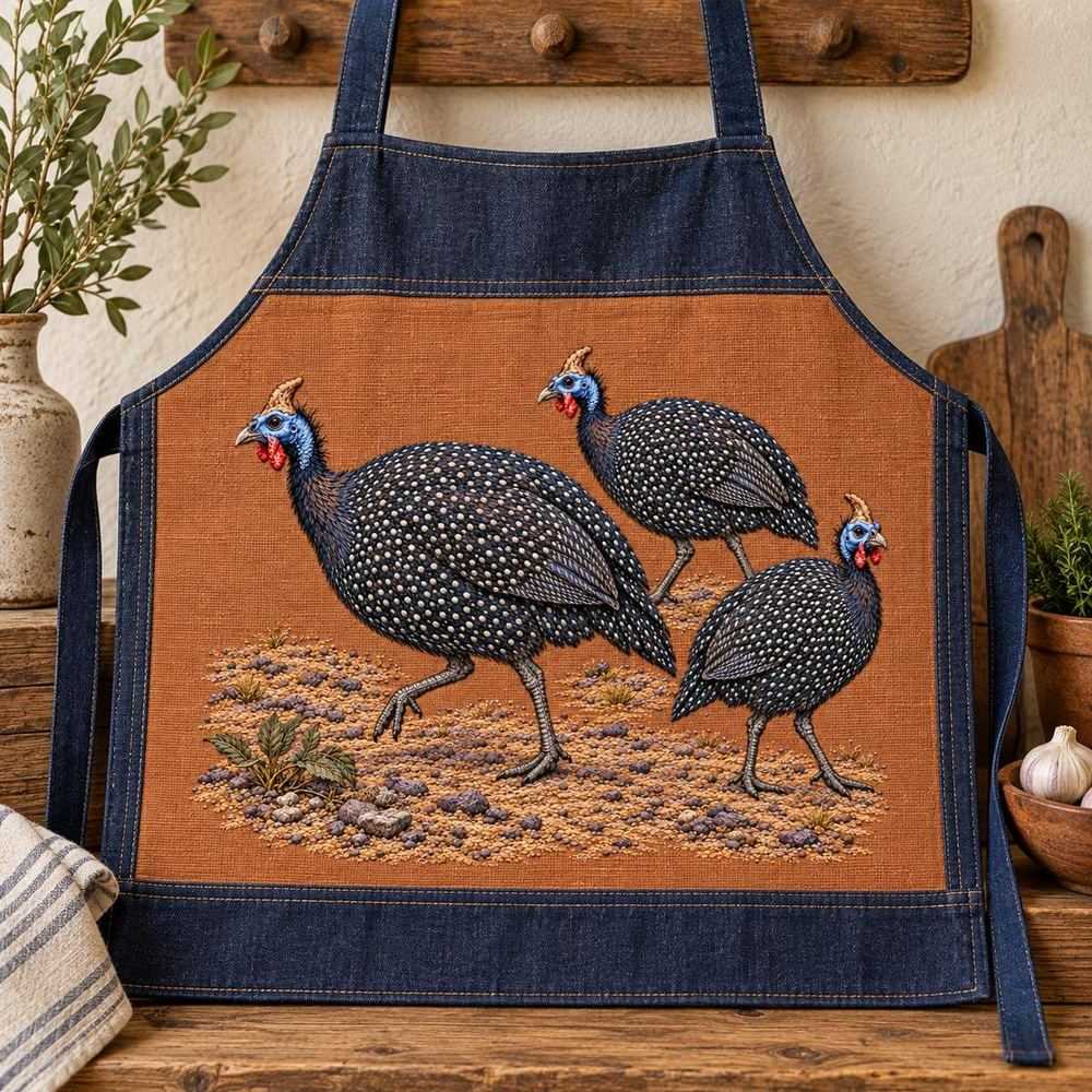 Guineafowl Trio embroidery design in a digital mockup of A wide denimworkapron folded and hung so rectangular copper panel facescamera flat and upright. Placement inspiration for Study 50.