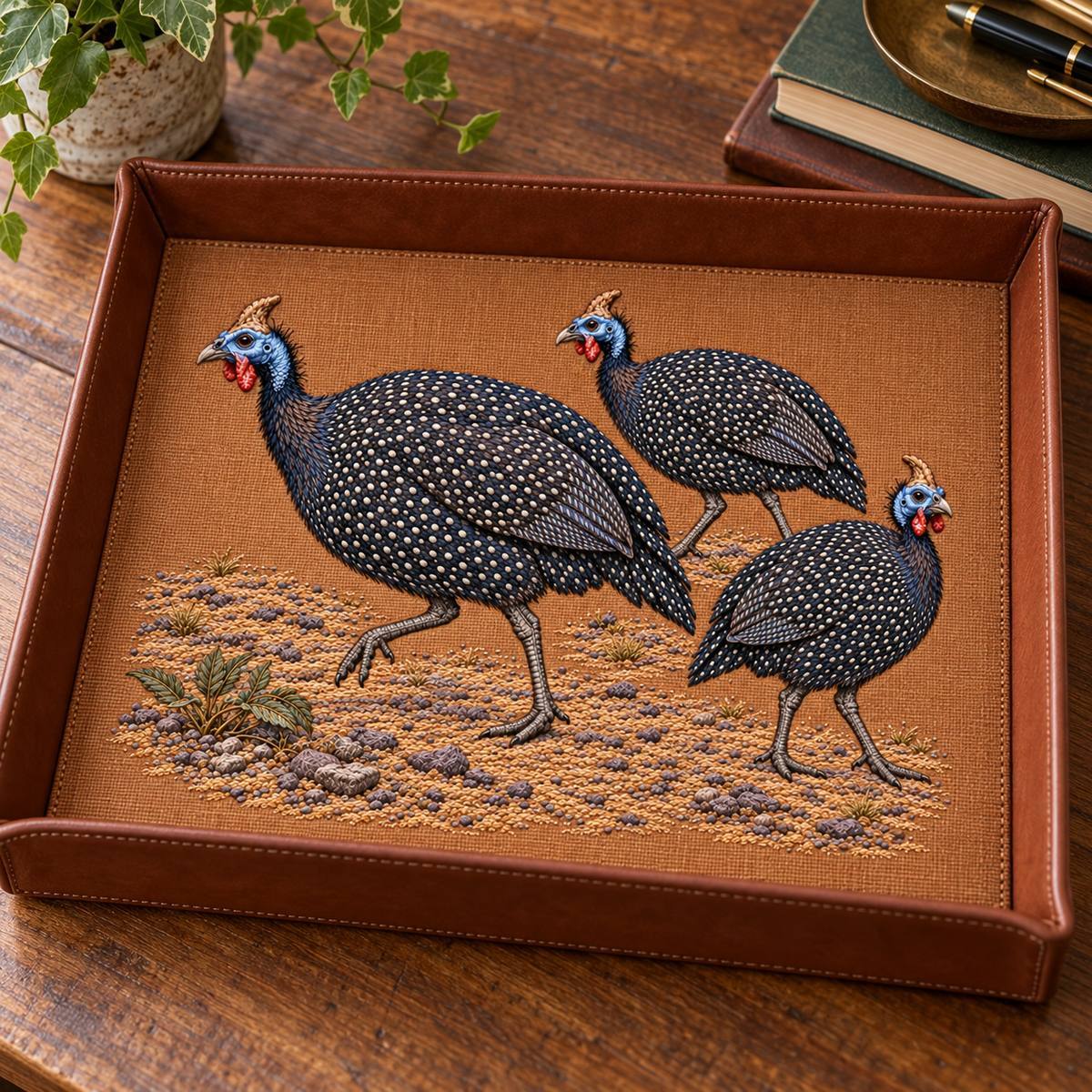 Guineafowl Trio embroidery design in a digital mockup of A shallow leather document tray with embroidered base, high frontal angle artnotrotated. Placement inspiration for Study 50.