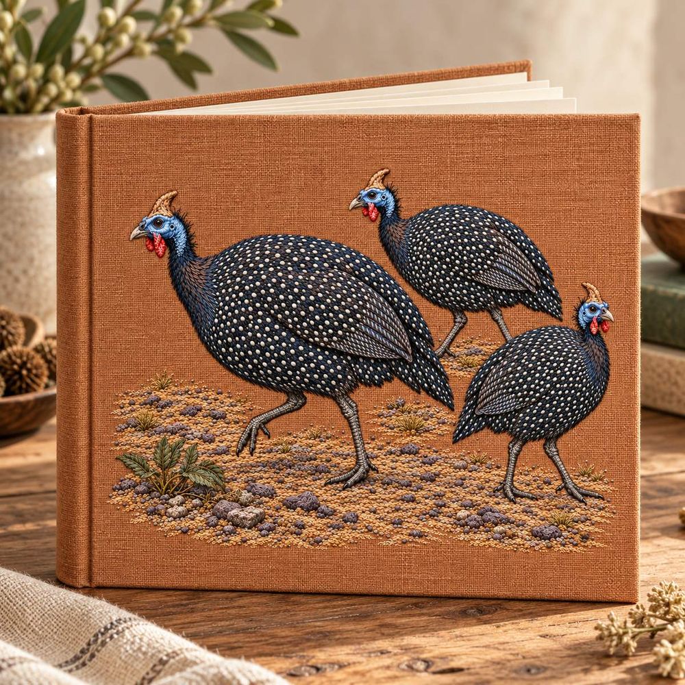 Guineafowl Trio embroidery design in a digital mockup of A landscape fabric-covered photograph album standing open slightly, full motif onfrontcover. Placement inspiration for Study 50.