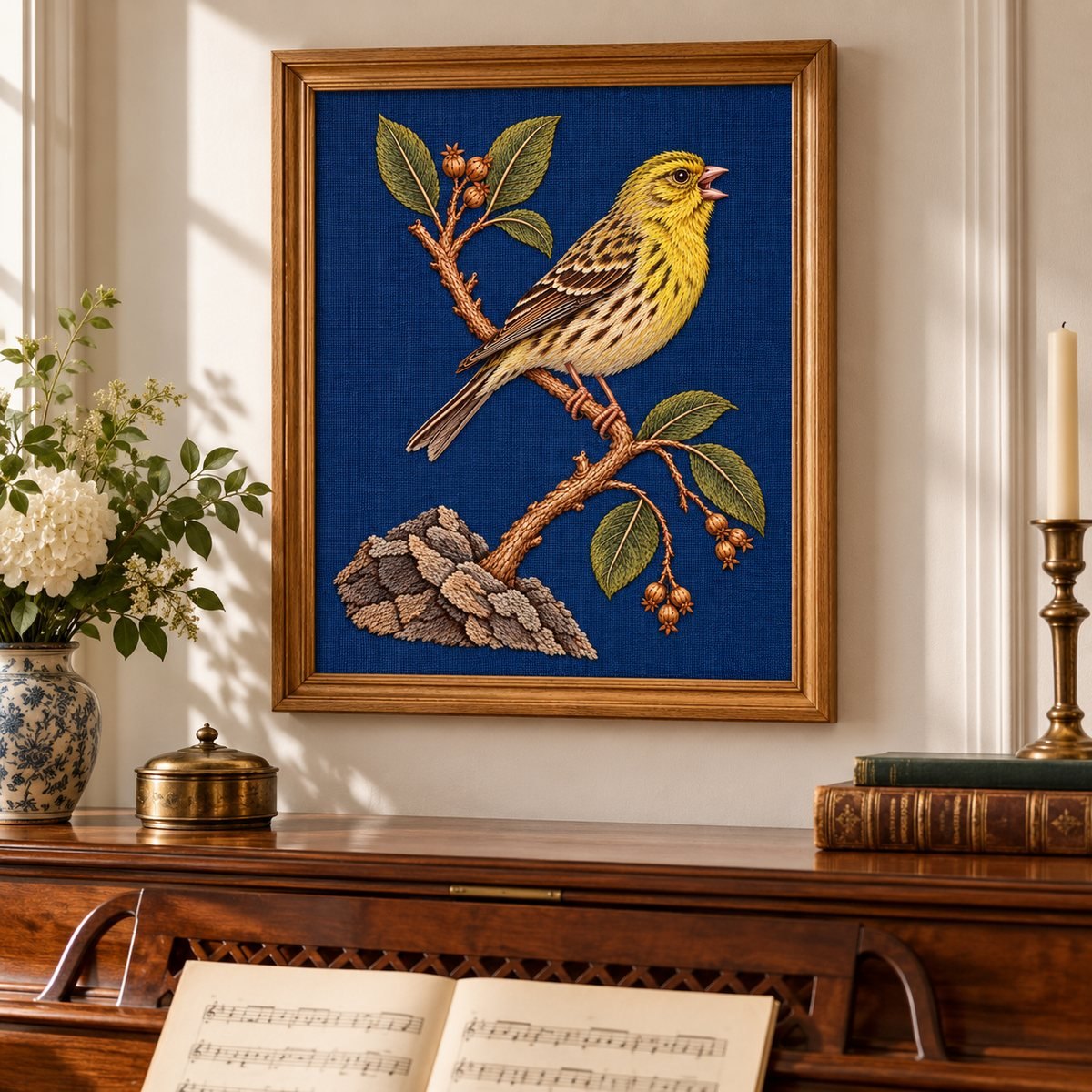 Canary embroidery design shown in a digital mockup of portrait blue embroidery in a honey oak frame above an upright piano, close composition. Study 51.