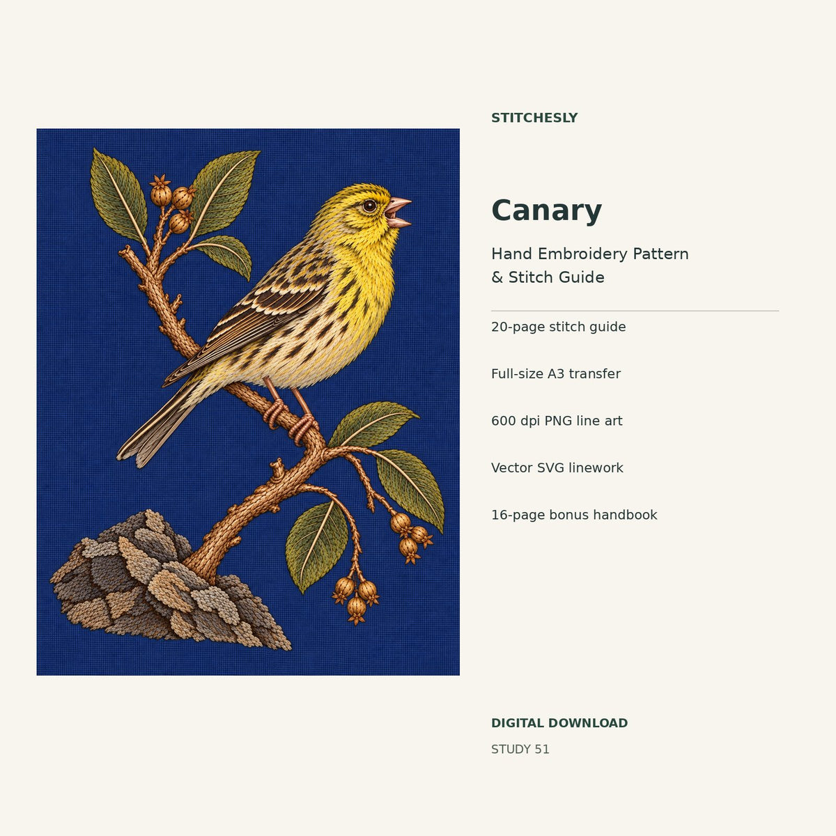 Canary hand embroidery digital package cover showing the reference artwork and included guide, transfer, PNG, SVG and bonus handbook.