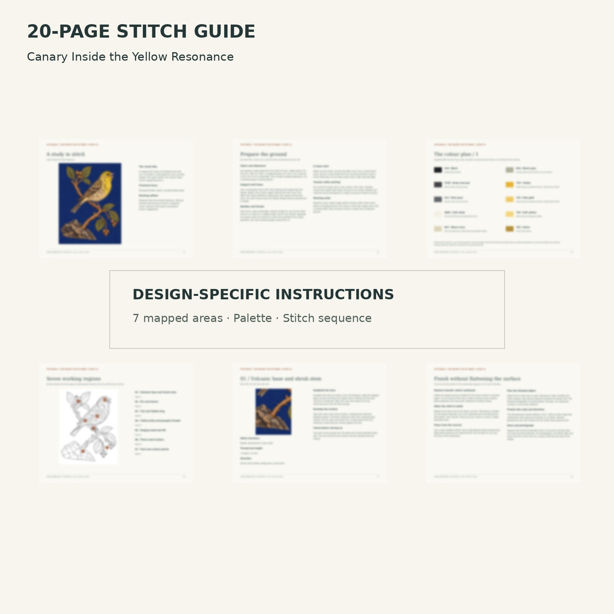 Protected page overview of the 20-page Canary stitch guide, including its numbered map, suggested palette and working sequence.