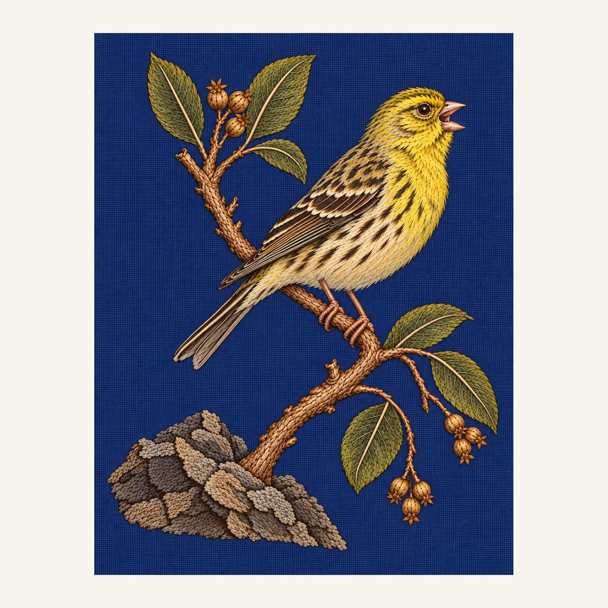 Digital embroidery reference showing a singing canary between leaf arcs on deep blue linen, portrait composition.