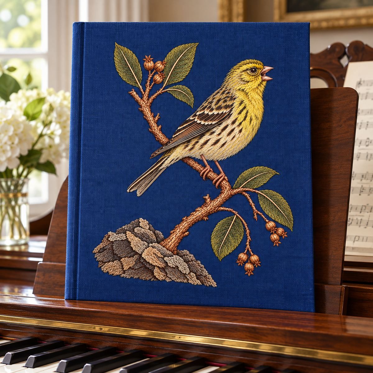 Canary embroidery design in a digital mockup of large blue linen music folio cover upright on a piano music stand. Placement inspiration for Study 51.