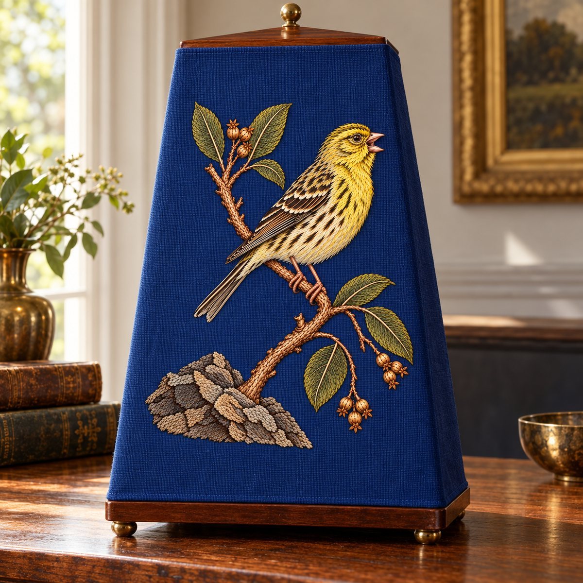 Canary embroidery design in a digital mockup of blue linen dust cover on a tall wooden metronome cabinet, flat front portrait embroidery. Placement inspiration for Study 51.