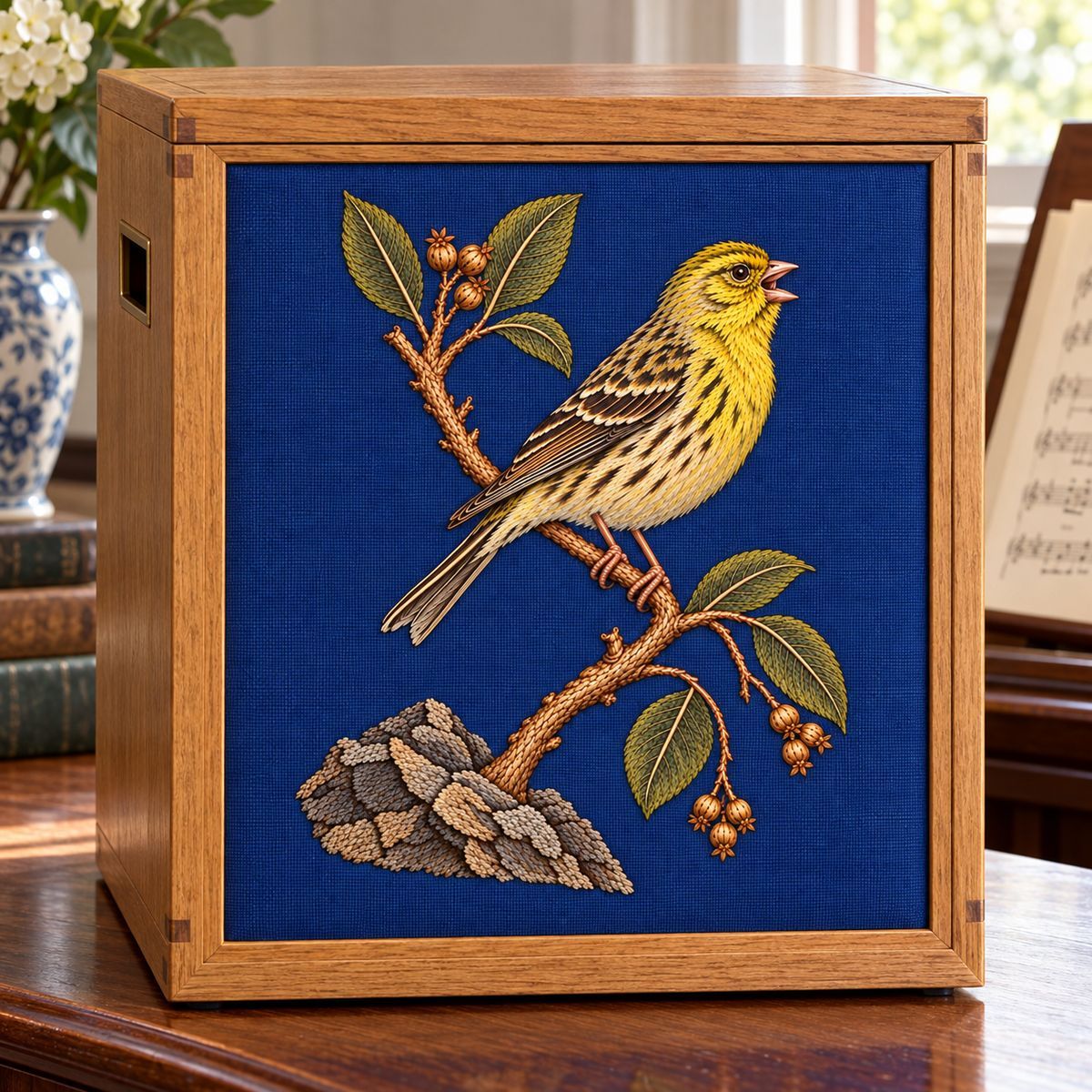 Canary embroidery design in a digital mockup of portrait blue textile inset on an oak storage box for sheet music, front view. Placement inspiration for Study 51.