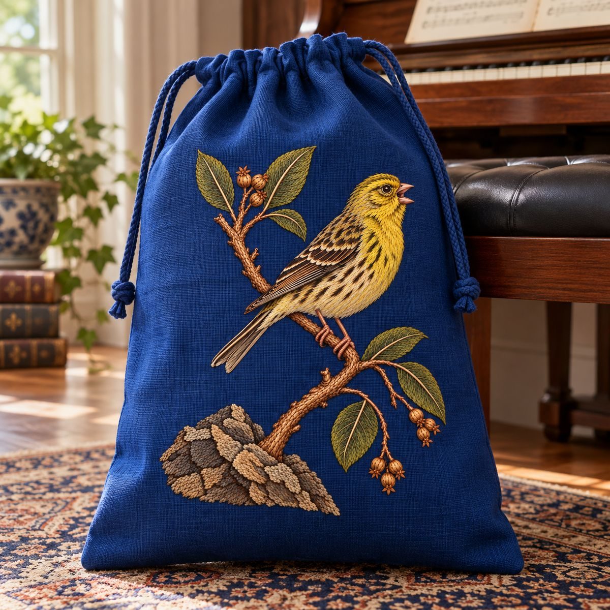 Canary embroidery design in a digital mockup of blue linen drawstring bag sized hanging upright beside a music-room bench. Placement inspiration for Study 51.