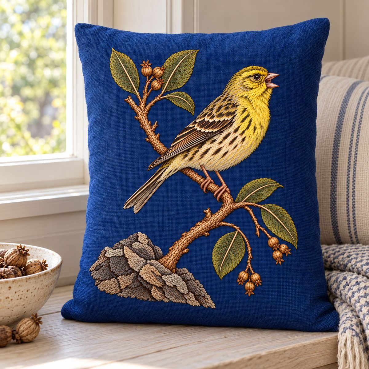 Canary embroidery design in a digital mockup of tall rectangular blue cushion standing on a pale wooden window seat near a small bowl of seed pods. Placement inspiration for Study 51.